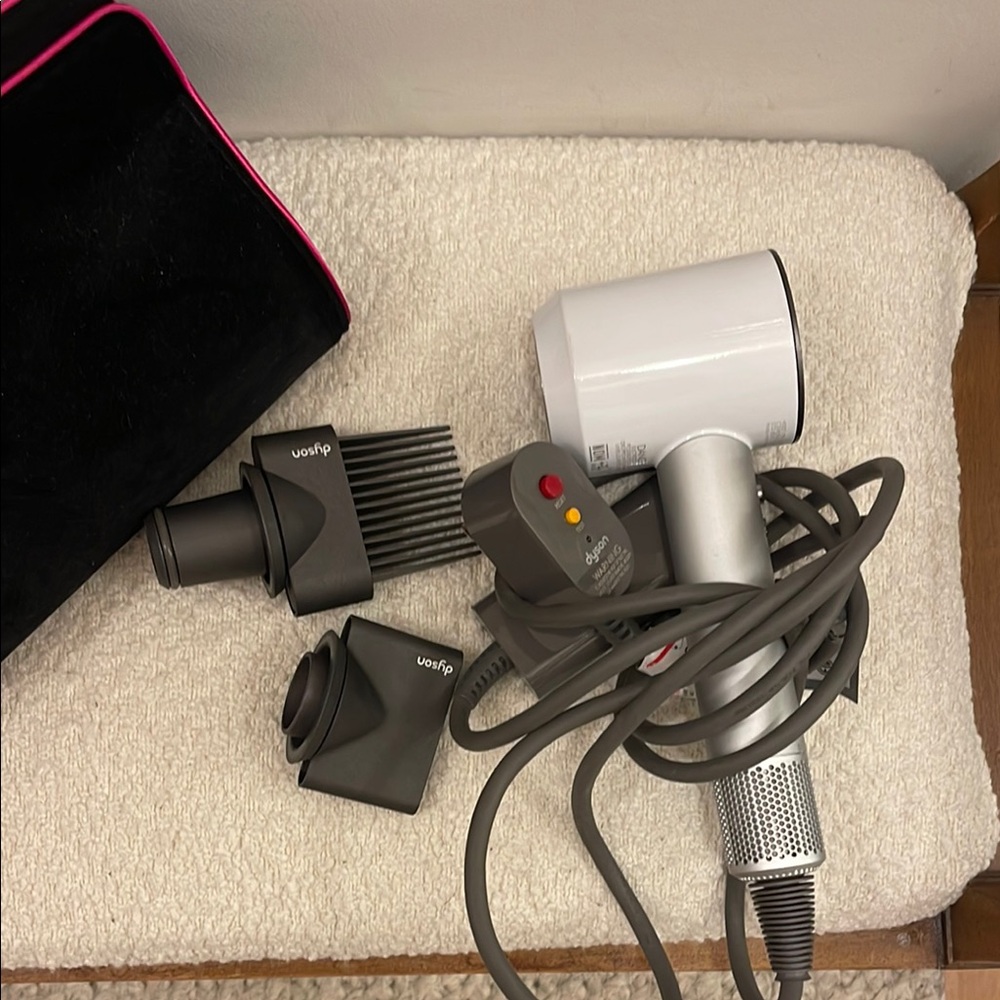 Dyson Hair Dryer in White and Silver with Attachments